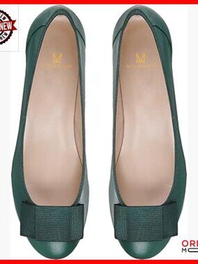 Low Chunky Heel Pumps with Bows, Slip On Block Heels, Round Closed Toe, Size